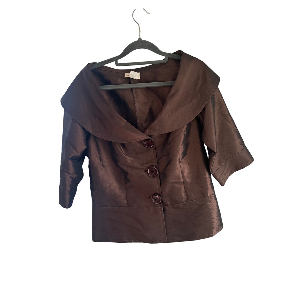 Magdalena Brown Taffeta Shawl Collar Cropped Jacket XS Made in USA Shimmer